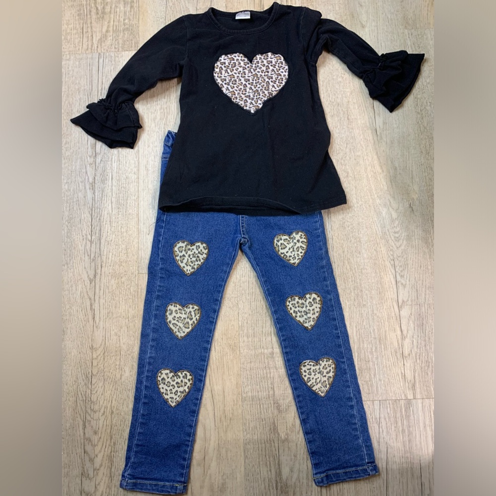 Girls cheetah heart ruffle sleeve Jean pants boutique outfit size GIRLS 2XL